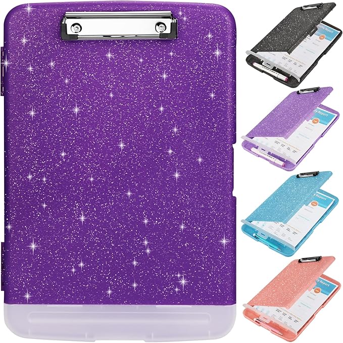 Glitter Clipboard with Storage,Storage Clipboard with Pen Holder,A4 Binder Clip Boards 8.5x11 with Low Profile Clip,Side Opening Sparkle Clipboards, Clipboards Folder for Office Supplies-Dark Purple
