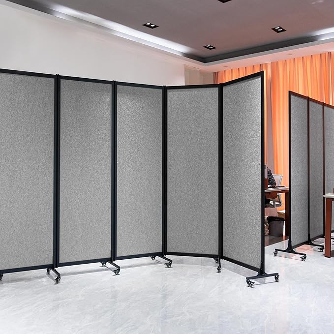 Upgrade Version Room Partition and Divider, Freestanding Rolling Dividers with Wheels,Office Privacy Screen Divider Wall,Classroom Felt Dividers,12'2"L* 6'7"H,6 Panel，Light Grey
