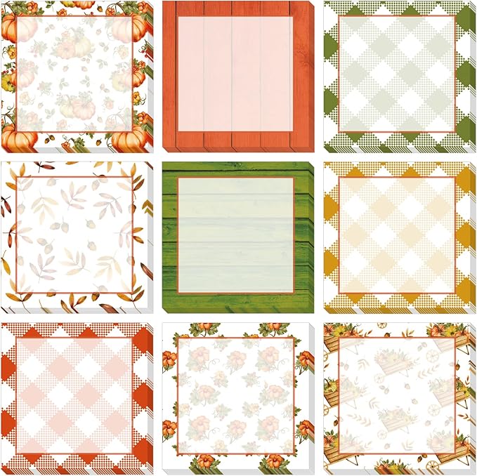 9 Pieces Fall Sticky Notes Fall Pumpkin Style Design Self-Adhesive Note Pads Sticky Memo Notes for School Office Home Supplies Students Teachers Presents