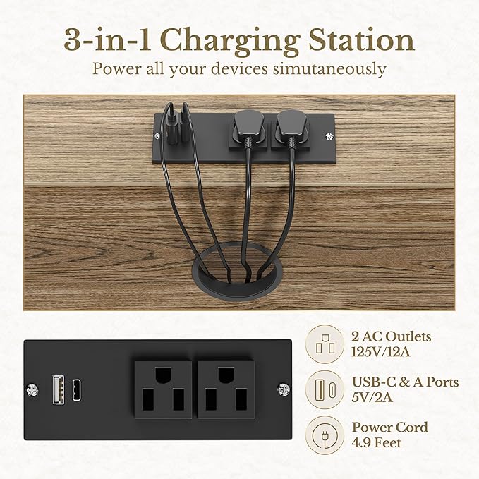63'' File Cabinet with 2 Lockable Drawers, Fluted Wood Filing Cabinet for Home Office with AC/USB, Adjustable Storage Shelves, Fits for Letter and A4 Size, Black Walnut