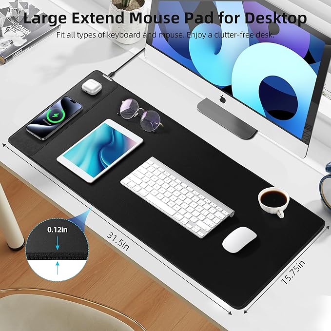 Mouse Pad with Wireless Charging, Gaming Mouse Pad with Ultra-Smooth Surface, Large XXL Desk Mat, Non-Slip, Waterproof Computer Keyboard Pad, 800x400x4MM, Included 20W PD Power Adapter