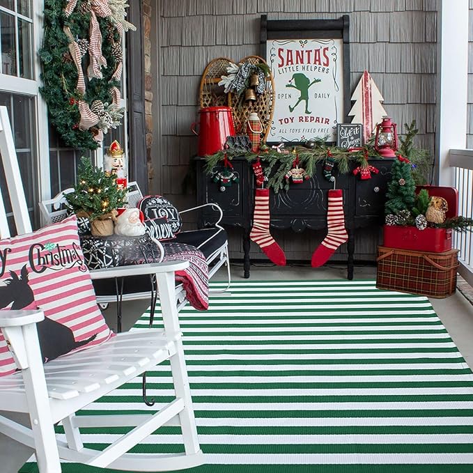 CAINANEL Christmas Outdoor mat 4' x 6' Green and White Striped Outdoor Rug Front Porch Rug,Christmas Home Decor, Layerd Welcome Doormat for Front Porch Decor, Front Door, Farmhouse Decor