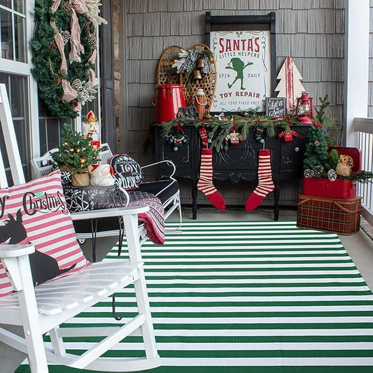 CAINANEL Christmas Outdoor mat 4' x 6' Green and White Striped Outdoor Rug Front Porch Rug,Christmas Home Decor, Layerd Welcome Doormat for Front Porch Decor, Front Door, Farmhouse Decor