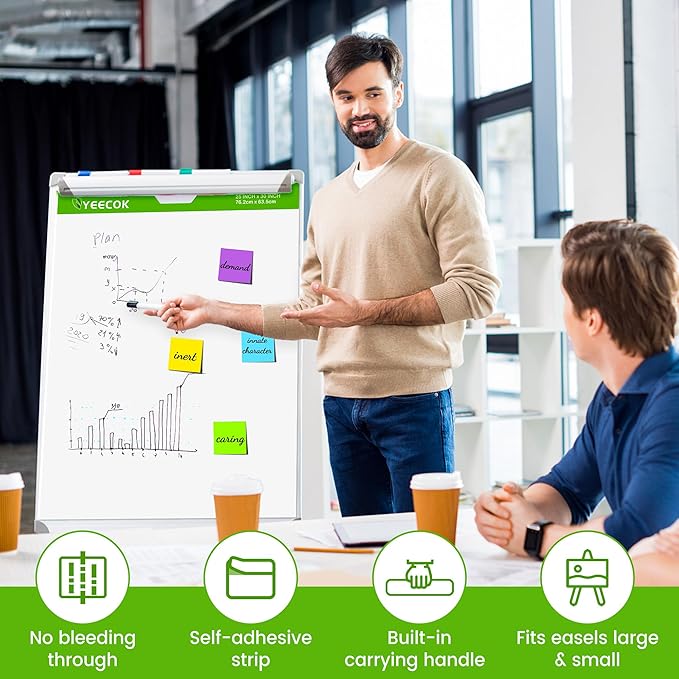 Sticky Easel Pad 25 in x 30 in, 30 Sheets/Pad, 4 Pads/Pack, Sticky Flip Chart Paper for Teachers, Super Sticking Power & Bleed-Resistant