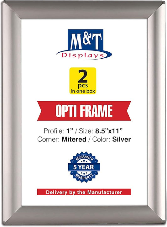 M&T Displays Silver 8.5x11 Poster Frame 1 inch Aluminum Profile Front Loading Wall Mounting Opti Snap Frame Display for Picture, Document or Certificate with Mitred Corner (2 Pack)