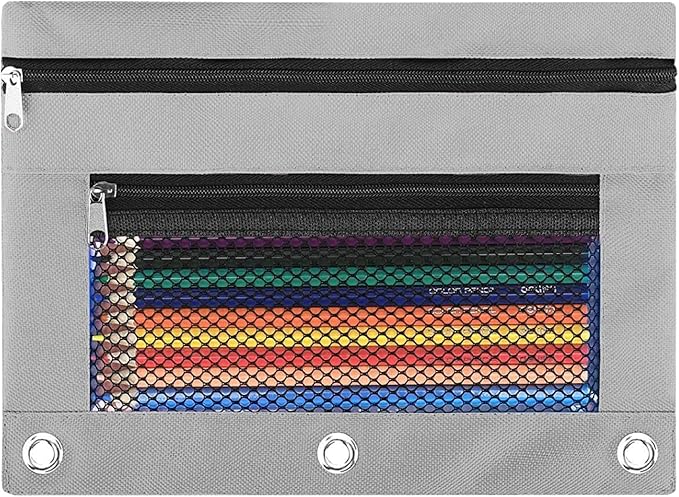 Pencil Pouch for 3 Ring Binder - 3 Hole Zipper Pen Case Bag Holder Bulk Accessories Clear Window Aesthetic Organizer Pockets (Grey, 1)