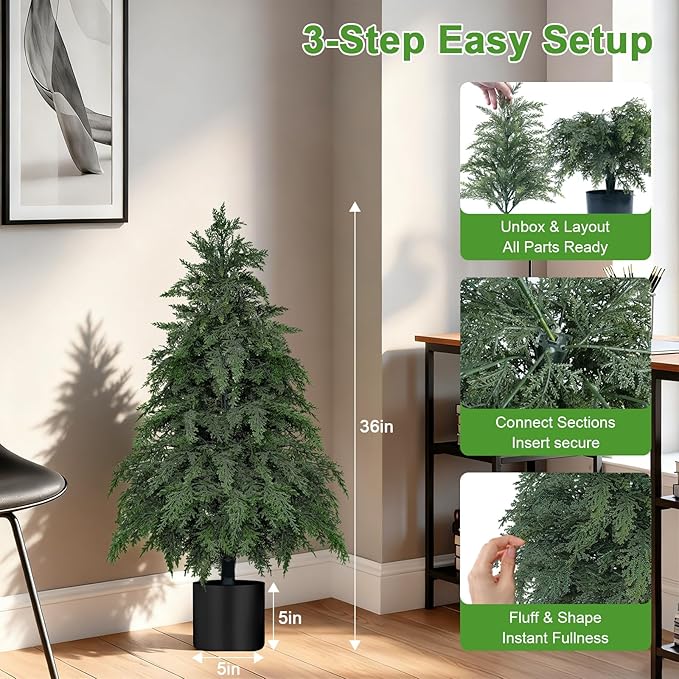 2Pack Artificial Topiary Trees, 3FT Faux Cypress, Faux Evergreen Pine Shrubs Plants with Pot, Potted Plants for Front Porch Indoor Outdoor Garden Christmas Decor