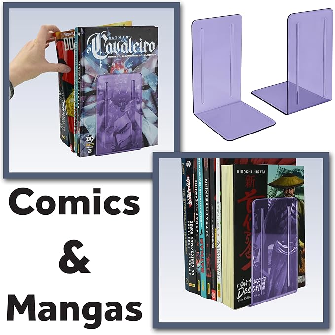 Acrimet Bookends 1 Pair, Clear Plastic Bookends for Shelves or Desktop, Book Holder for Home, Office, Library, School (Clear Purple Color)