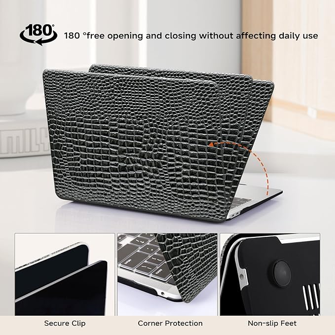 for MacBook Pro 14 inch Case 2025-2021 M5 M4 M3 M2 M1 A3434 A3112 A3185 A3401 A2918 A2992 A2779 A2442,Crocodile Textured Alligator Skin Print Leather Glossy Hardshell&Keyboard Cover Black