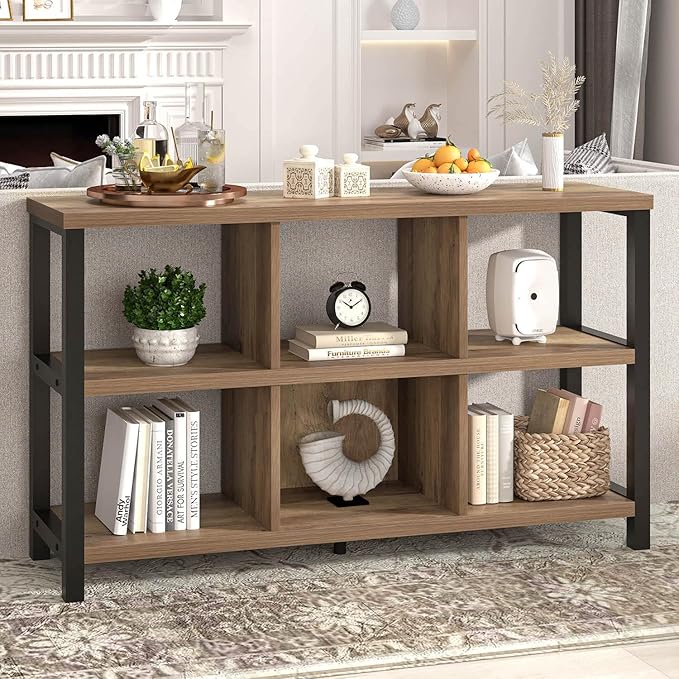 FOLUBAN 6 Cube Storage Organizer with Shelf, Industrial Horizontal Bookshelf, Low Cubby Bookcase for Living Room Bedroom, 47 Inch Oak