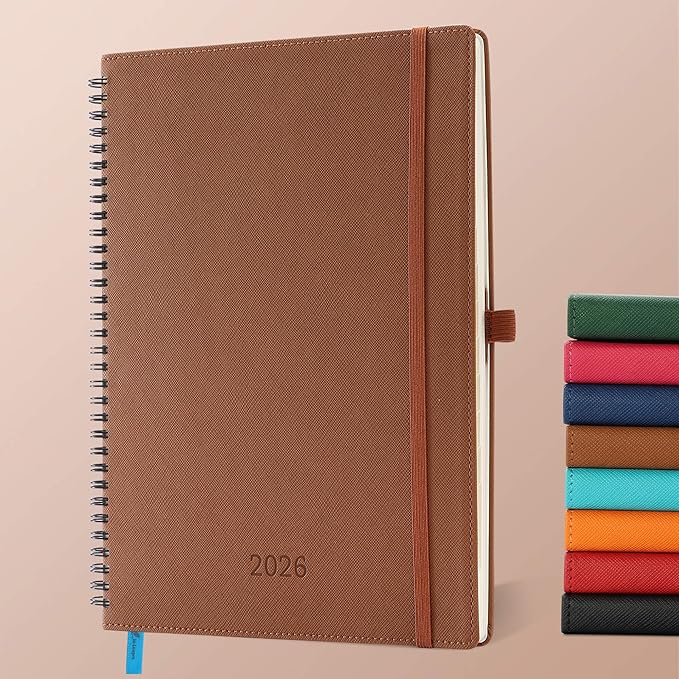 Planner 2026 Daily Weekly and Monthly,11.5"x8.5",12 Months Spiral Bound Calendar Agenda with Self-adhesive Pen Holder,2026 Appointment Book with Vegan Leather Soft Cover,Brown