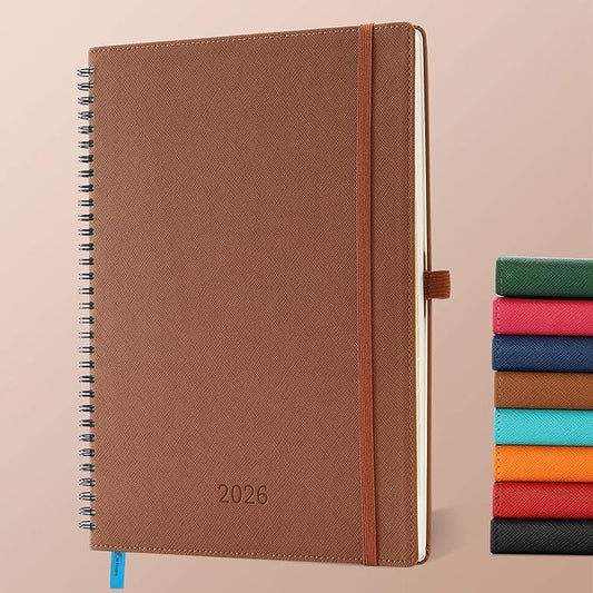 Planner 2026 Daily Weekly and Monthly,11.5"x8.5",12 Months Spiral Bound Calendar Agenda with Self-adhesive Pen Holder,2026 Appointment Book with Vegan Leather Soft Cover,Brown