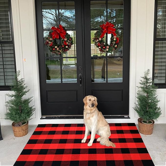 Red and Black Plaid Rug, 3'x5' Check Outdoor Front Door Decorative Mat, Cotton Woven Rug for Layered Door Mats Washable Carpet for Porch, Entryway, Farmhouse, Christmas, Halloween
