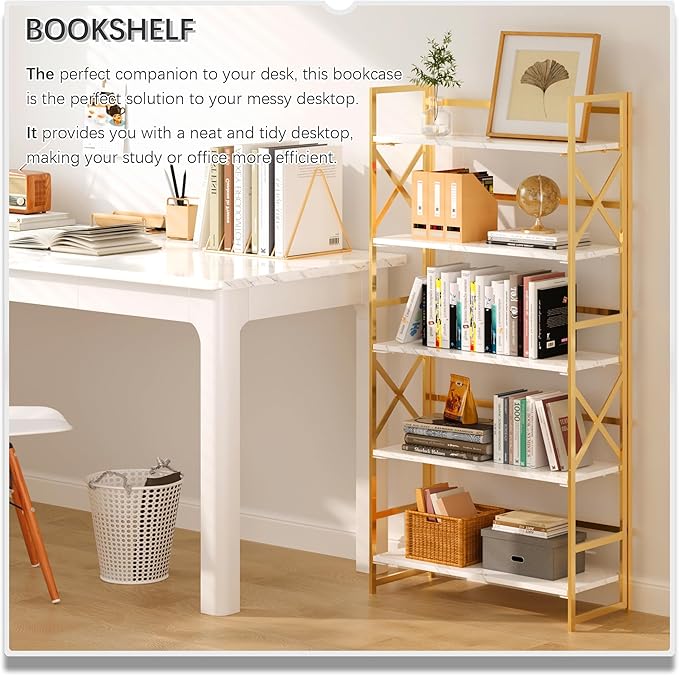 4NM 5 Tiers No Assembly Book Shelves, 51.2" H Folding Bookshelf Bookcase Open Industrial Foldable Shelves for Bedroom, Living Room, Home Office - White Gold
