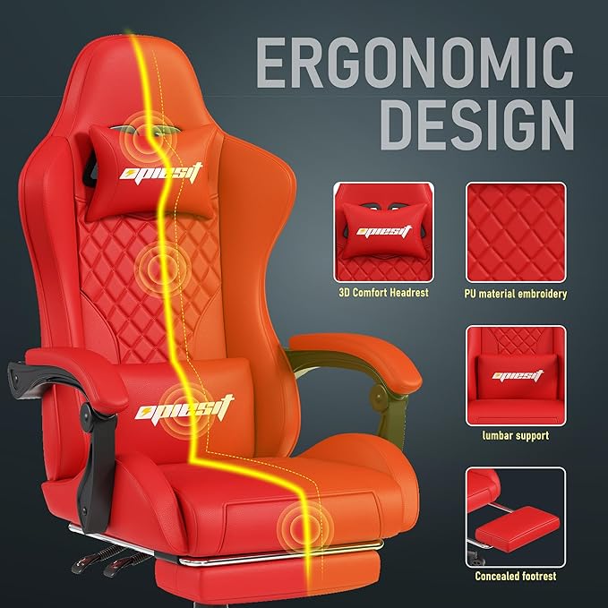 Gaming Chair,Ergonomic Computer Chairs for Adults with Footrest, PU Leather Office Chair with Adjustable Lumbar Support & Pocket Spring Cushion - Heavy Duty 400lb Capacity Gamer Chair (Red)