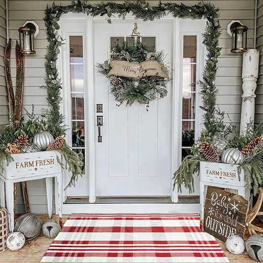 Christmas Plaid Outdoor Rug, 2'4" x 3'7" Red&White Check Indoor/Outdoor Area Rug, Layering Rug for Hello/Welcome Door Mat, Machine Washable Cotton Woven Rug for Farmhouse Front Porch,Entryway