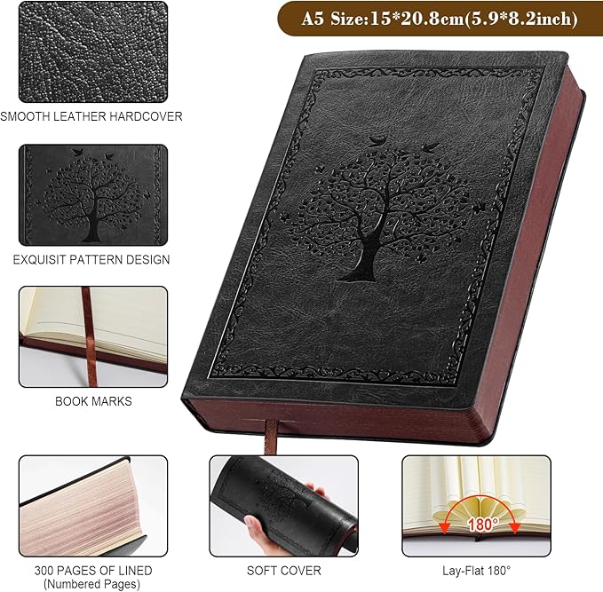 Leather Journal Notebook,300 Pages Hope Tree Softcover Lined Notebook for Women Men,300 Travel,Business,Work,Office,School Note Taking,5.7'' X 8.3''(black)