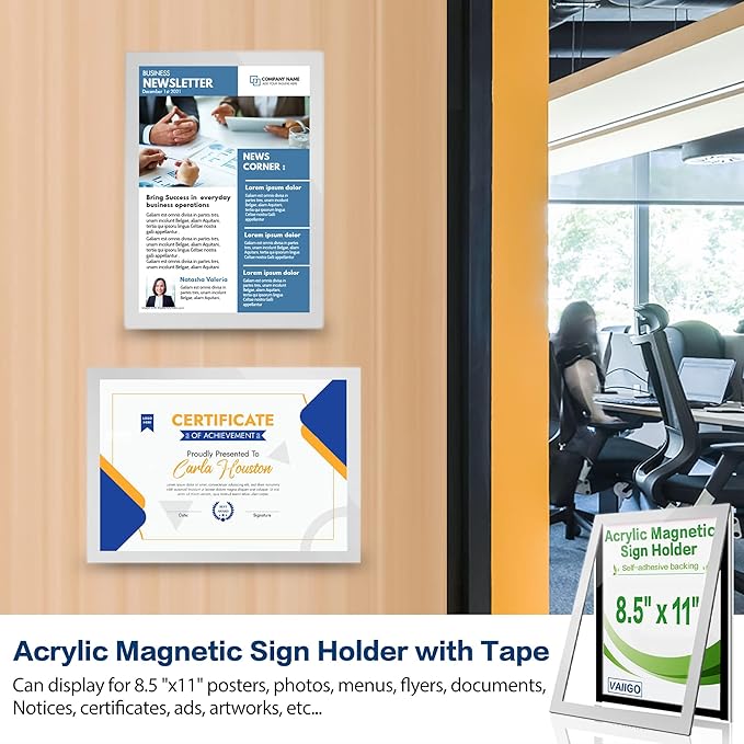 Acrylic Sign Holder 8.5" x 11" Wall Mount, Self Adhesive Magnetic Display Frame with Nano Tape, Plastic Clear Document Frame for Office, Store, School, Home, Wall Picture Frame (Silver, 3Pack)