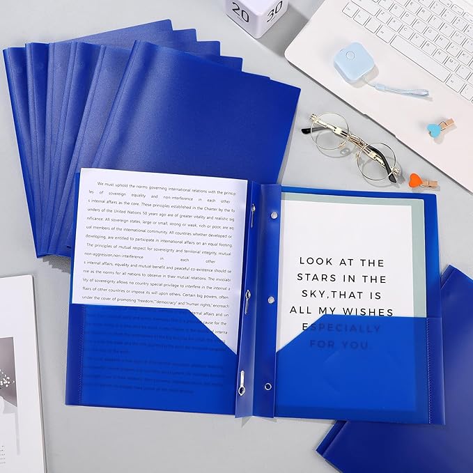 Patelai 48 Pcs Plastic Folders with 2 Pockets and 3 Prongs Home Folders with Card Slot Letter Size Heavy Duty Report Covers for Back to School(Blue,Classic)