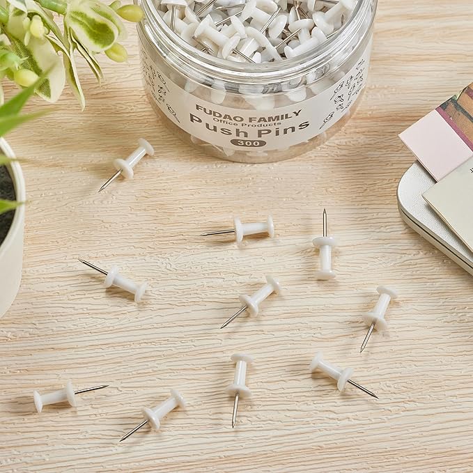 FUDAO FAMILY 300pcs Push Pins for Bulletin Board, Thumb Tacks for Wall Corkboard, Map Pins - Home Office Craft Projects Plastic Head Steel Push Pin (White)