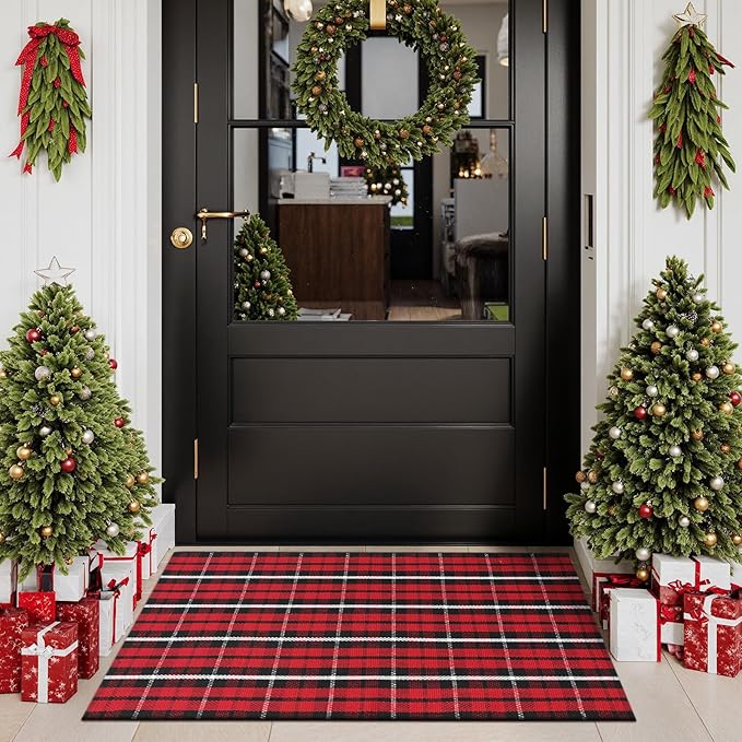 Christmas Door Mat Outdoor 27.5"x43", Red/Black Buffalo Plaid Front Door Rug Cotton Hand-Woven Washable Layered Door Mats,Reversible Checkered Throw Rugs for Porch Outside