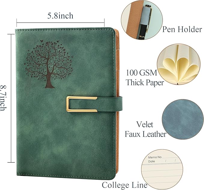 Fanery Sue Tree of Life Refillable Writing Journal for Women&Men Faux Leather Hardcover Notebook A5 College Ruled 200 Lined Pages Lay-Flat Personal Diary with Pen&Magnetic Buckle (Tree of Life-Green)