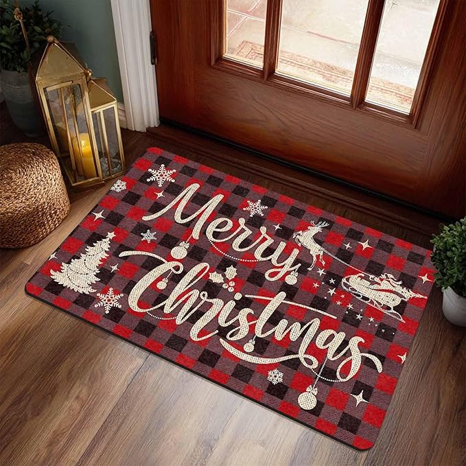 Christmas Front Door Mat Xmas Buffalo Plaid Welcome Doormat Reindeer Santa Claus Floor Mats Outdoor Indoor Area Rug Entry Doormat for Bedroom Living Room Kitchen Nursery, 18" x 30"Inch