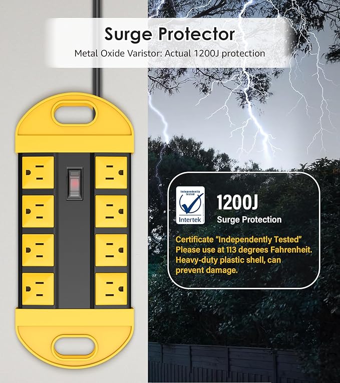 CCCEI Outdoor Power Strip Weatherproof with 8 Plug, Waterproof Extension Cord with Multiple Outlets, Christmas Exterior Garden Yard Surge Protector 25FT, Yellow.