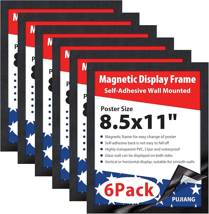 8.5"x11" Magnetic Sign Holder, Double Sided Window Self-Adhesive Frame, Transparent PVC and Strong Magnetic Display Frame for Home/Office/Poster/Certificate/Child Artwork Display (Black,6Pack)