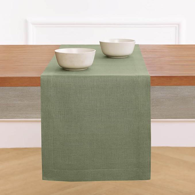 Solino Home Linen Table Runner 36 Inches - 100% Pure Linen Oil Green Table Runner 14 x 36 Inch Ideal for Dresser and Coffee Tables - Fall, Autumn, Thanksgiving - Fete