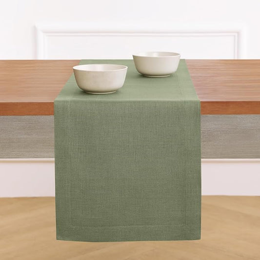 Solino Home Linen Oil Green Table Runner 144 Inches Long - 100% Pure Linen Extra Long Table Runner 14 x 144 Inch for Fall, Autumn, Thanksgiving - Fete