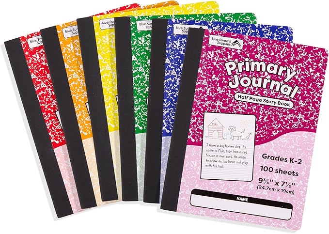 Blue Summit Primary Composition Notebook K-2, Primary Journal Grades K-2, Writing Journal for Kids in Preschool, Kindergarten Notebook For Kids to Learn to Write, 100 Sheets, 6 Pack, Assorted Colors