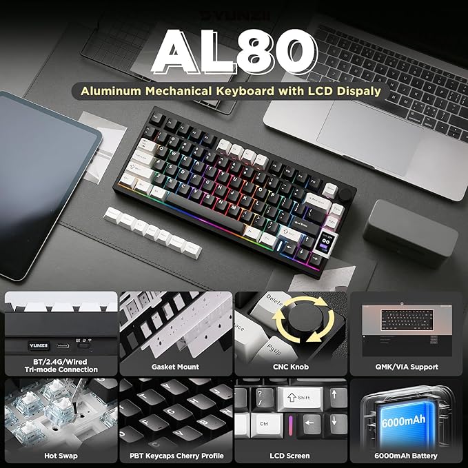 YUNZII AL80 Wireless Mechanical Keyboard,Full Aluminum CNC, Smart LCD Display,Hot Swappable Gasket Mount 75% Layout with Knob,BT/2.4G/USB-C,QMK/VIA Support for Win/Mac (Black, Cocoa Cream V2 Switch)
