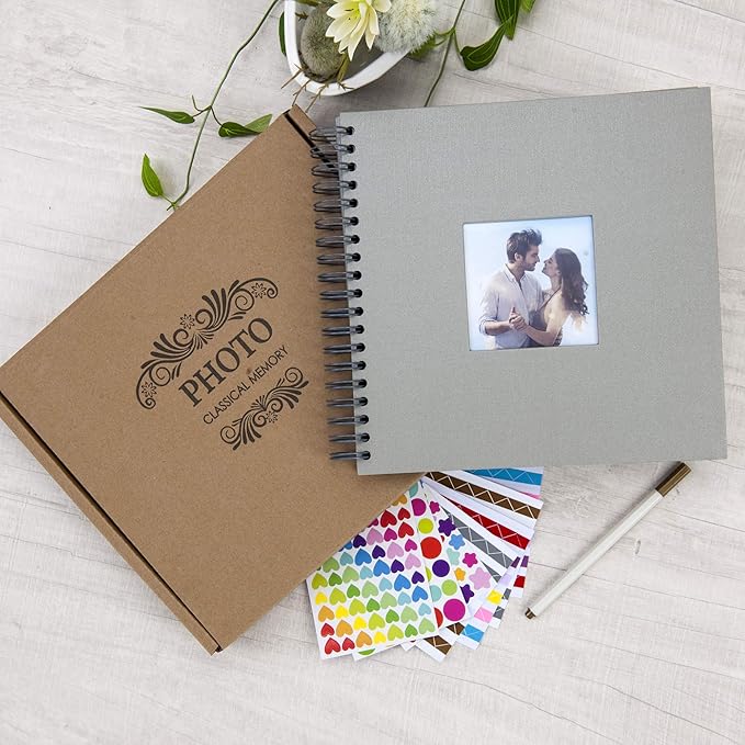 8 x 8 Inch Small DIY Scrapbook Photo Album with Window Design Cover 80 Pages Craft Paper Memory Book for Weeding Family Travel and Baby (Gray)