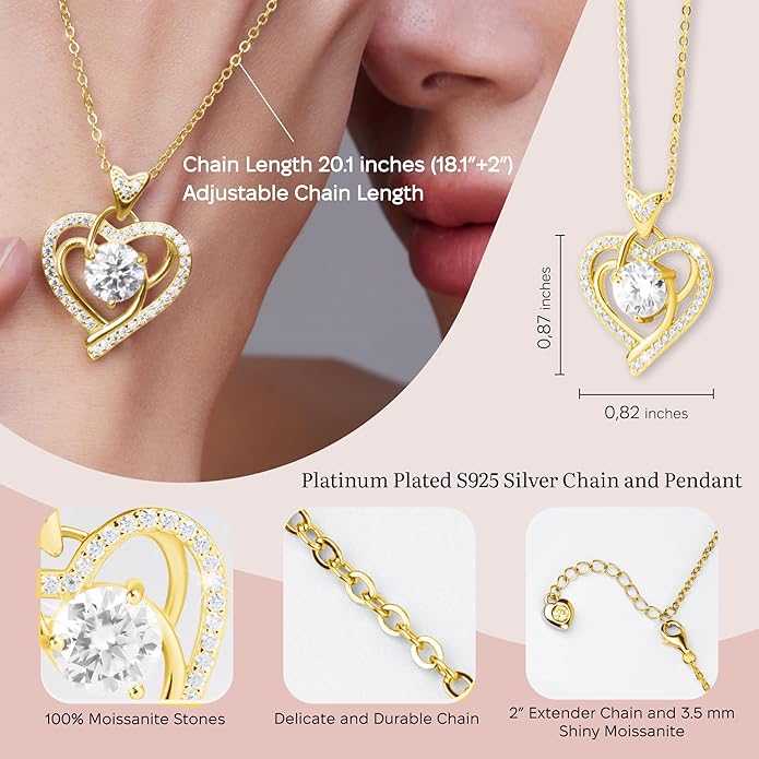 Moissanite Pendant Necklace for Women – 925 Sterling Silver Necklace for Women Heart Pendant, Dainty Silver Jewelry Gift Box for Mom Wife Girlfriend – Birthday Anniversary (1-3 CT)