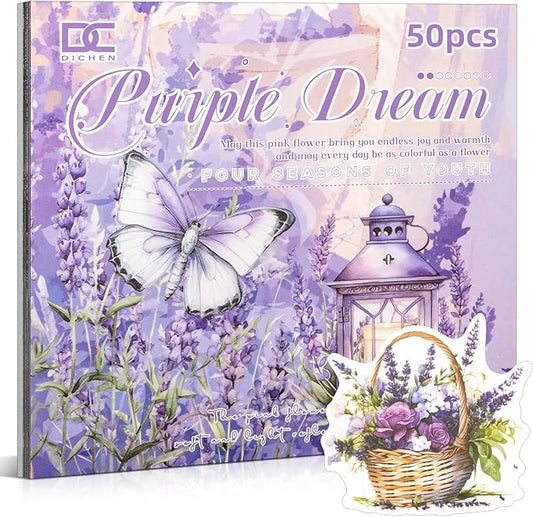 Purple Theme Sticker Scrapbooking Supplies for Junk Journal 50 Sheets, Include 25 PET Stickers and 25 Paper of Scene Material Paper - Vintage Journaling Stickers (TZ-006-006)