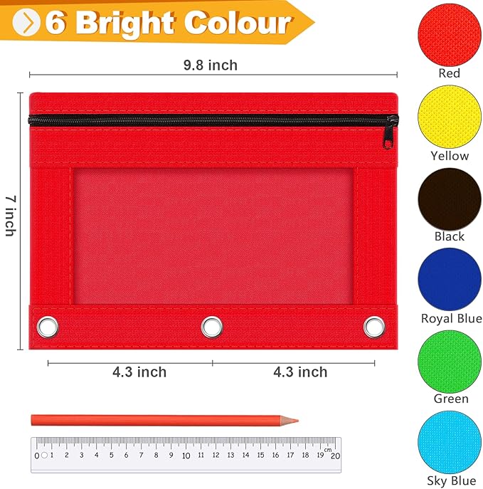 Pencil Pouch for 3 Ring Binder, Bulk 6 Pack 3 Hole Zipper Pencil Pouches with Clear Window, Pencils Bags in Assorted Colors, Sturdy and Durable Cloth Pencils Case for School Office College Supplies