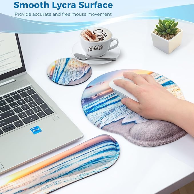 Mouse Pad and Keyboard Wrist Rest Support, with Non-Slip PU Base,Gel Mouse Pad with Coaster,Pain Relief for Gaming, Computer,Office -Beach
