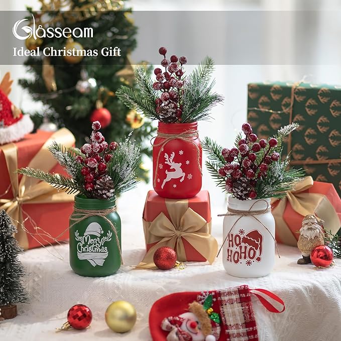 Glasseam Christmas Vases for Table Centerpiece: 3pcs Christmas Decorations Mason Jar with Artificial Flowers - Glass Flower Vases Set for Indoor Fireplace Mantle Home Decor