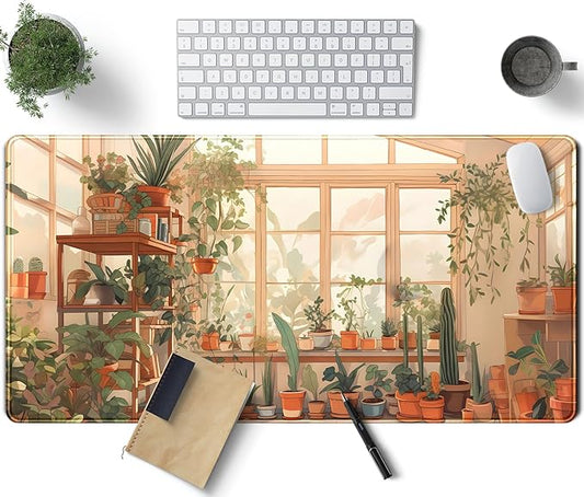 Cute Plant Lover Desk Mat Cozy Mouse pad Beige, XXL Large Extended Earthy Brown Green Aesthetic Floral Mousepad Gaming Desk Pad, Big Laptop Keyboard and Mouse Mat with Stitched Edges 31.5x15.7 in