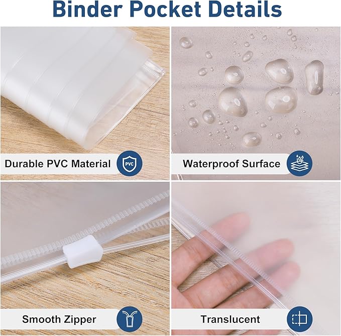 Antner 36 Pack Letter Size Binder Pockets for 3-Ring Binder Zipper Pouch Waterproof PVC Document Organizer 3-Hole Loose Leaf Folders File Sleeves Storage Bags Side Loading for Business Office Supplies