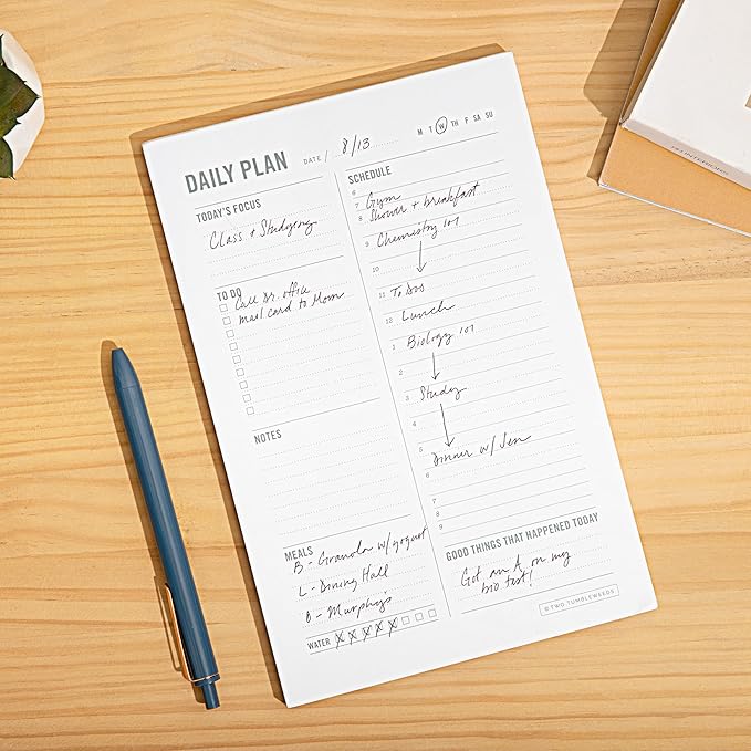 Daily Planner Notepad with Hourly Schedule - ADHD Planner, Time Block Planning Pad, Desktop To Do List, College Supplies - 6 x 9” - 50 Undated Sheets