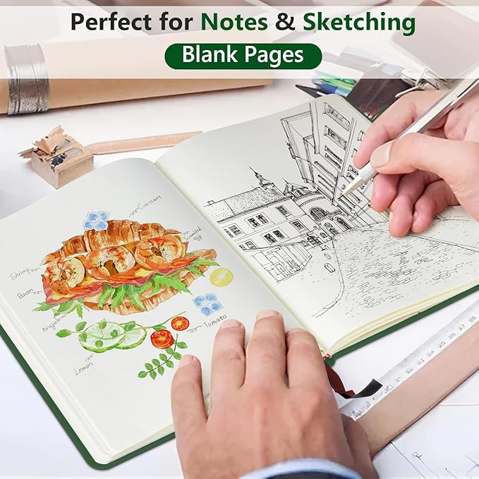 PERCUN Blank Journal Ntebook for Men & Women, 160 Pages Blank Journals for Writing, Drawing,Sketch Book,5.9" x 8.5" Leather Sketchbook, Unlined Notebook for Work, School, Art - Green