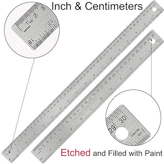 Metal Ruler with Cork Backing, 12 Inch & 18 Inch Stainless Steel Rulers, Non-Slip Straight Edge Measuring Tools with Inch and Centimeter Markings for School, Office, Woodworking