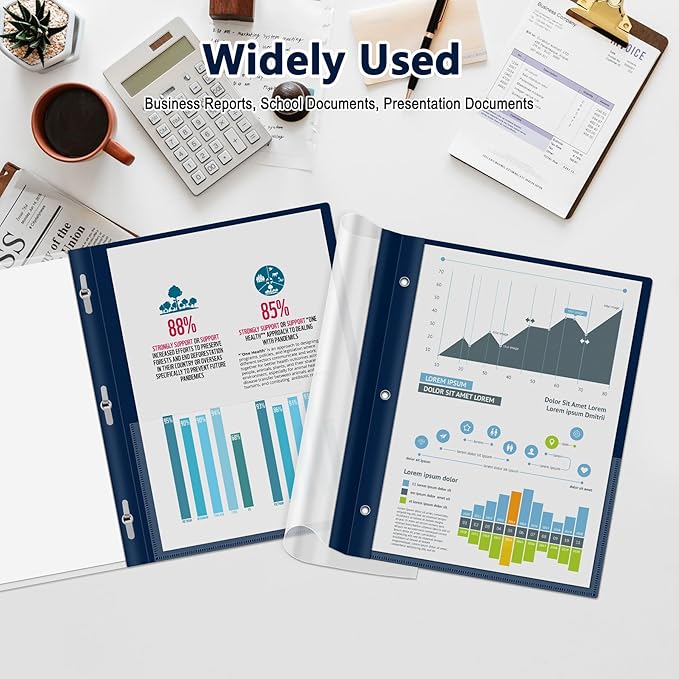 Ndsox 30 Packs Clear Front Report Covers with 3-Prong Fasteners Plastic Project Presentation Folders Resume Document Covers with Navy Blue Back for 8.5x11" Letter Size Paper for School Office Business