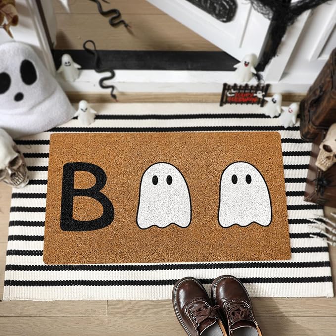 2 Pcs Halloween Welcome Door Mat Ghost Outdoor Welcome Mats for Front Door Non Slip Cute Ghost Coir Floor Mat Black White Stripe Halloween Rug for Outside Front Porch Entryway Decor