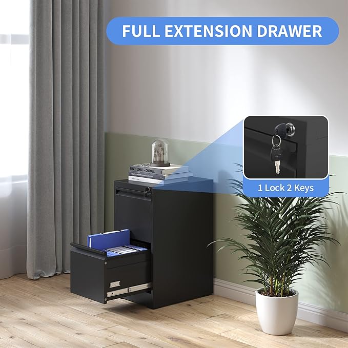 2 Drawer File Cabinet with Lock, Vertical File Cabinet with Lock, Locking File Cabinet Hanging Files for A4/ Legal/Letter,White