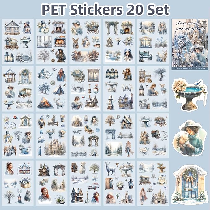 Winter Theme Sticker Scrapbooking Supplies for Junk Journal, 20 Sheets PET Stickers - Vintage Journaling Stickers, Ephemera Sticker Book Pre Cut(TZ-006-002)