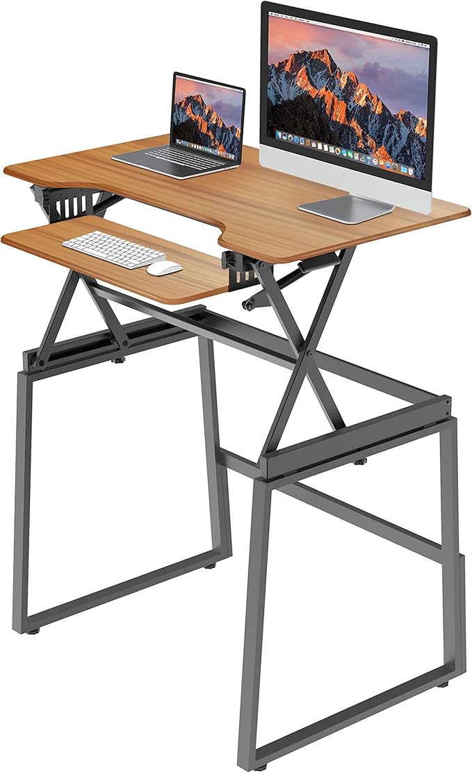 Rocelco 40" Large Height Adjustable Standing Desk BUNDLE - Quick Sit Stand Up Dual Monitor Riser - Gas Spring Assist Computer Workstation - Retractable Keyboard Tray - Teak Wood Grain (R DADRT-40-FS2)
