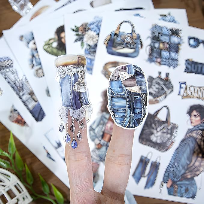 Snycler Denim Fabric Theme Sticker Scrapbooking Supplies for Junk Journal, 20 Sheets PET Stickers - Vintage Journaling Stickers, Ephemera Sticker Book Pre Cut, Planner, Junk Journal Supplies